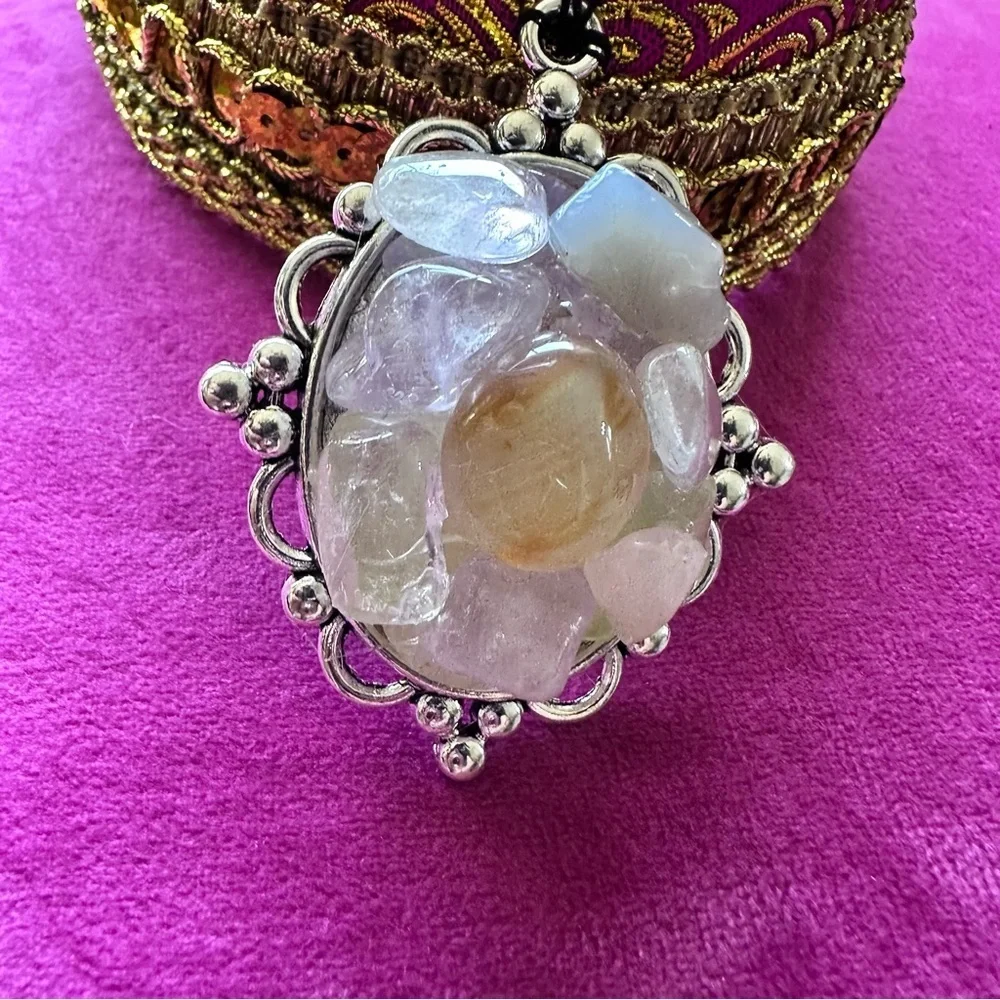 Artisan Boho Choker Necklace Gold Metallic + Handmade Quartz Pendant OOAK Signed